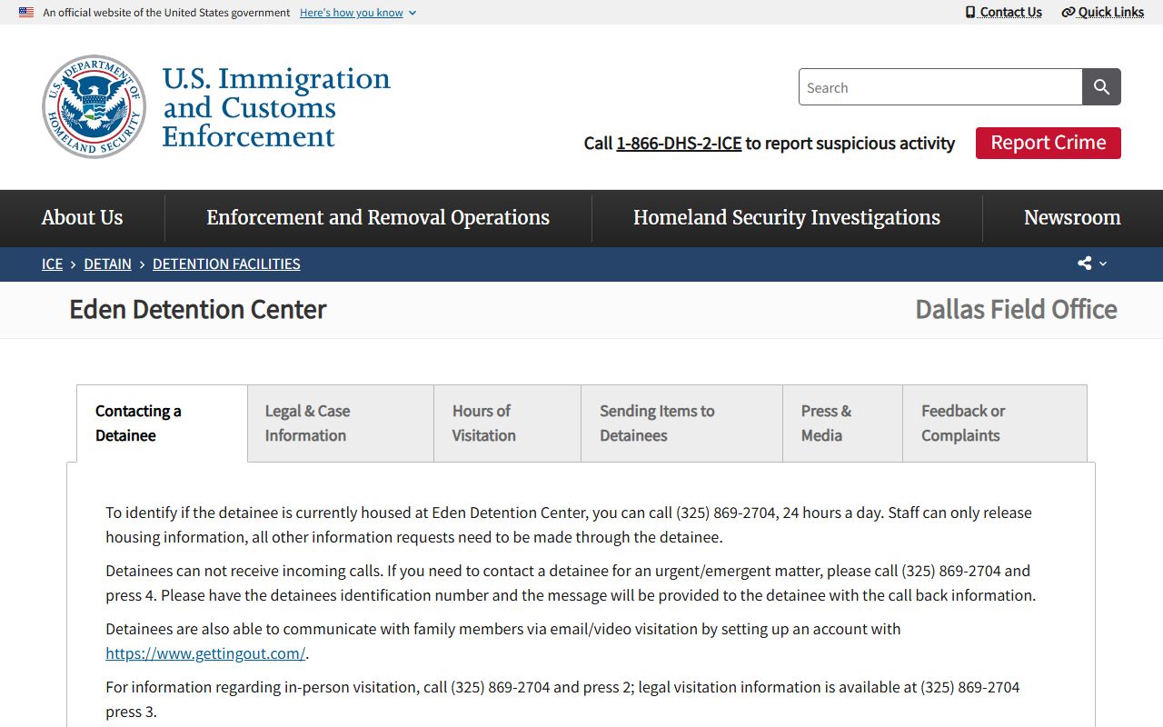 ICE Eden Detention Center detainee information page