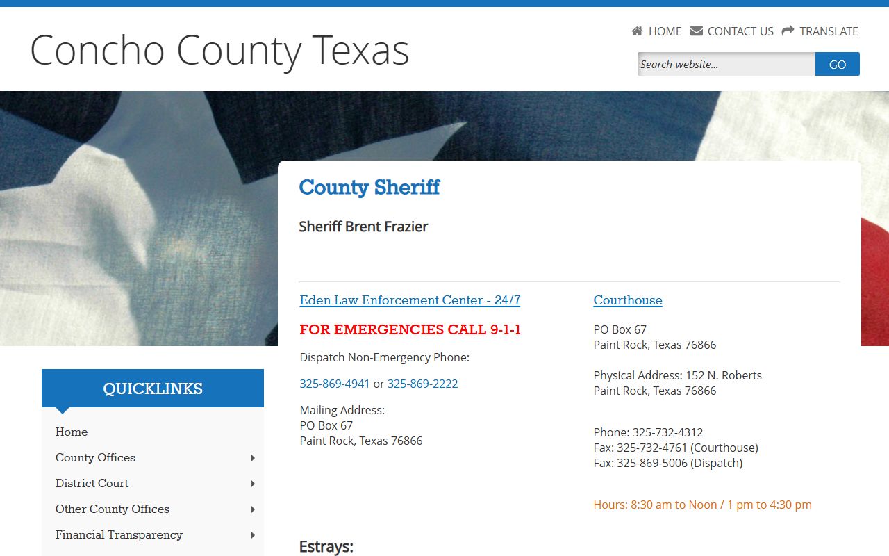 Concho County Sheriff's Office custody contact page