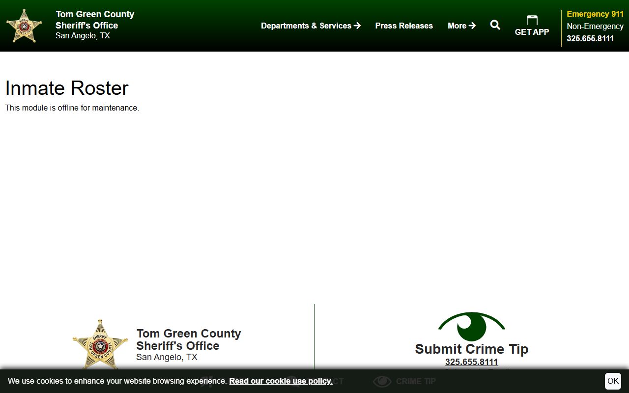 Tom Green County Detention Center sample booking profile showing Concho County arresting agency